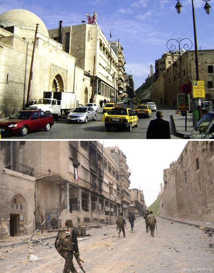 Before-and-after photos showing urban destruction in the largest city in Syria due to war.