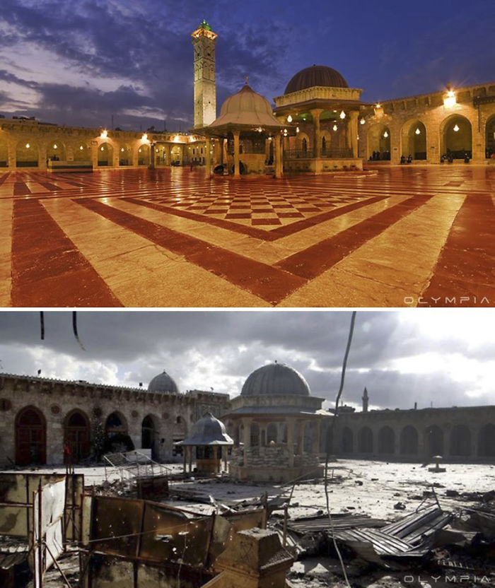 Before-and-after images showing war damage to the largest city in Syria.