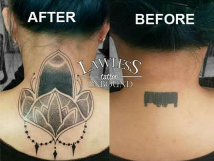 Cover-up tattoo transforming an old, faded design into a detailed geometric pattern on the back of the neck.