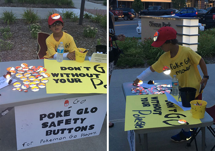 Young vendor selling Poke Glo safety buttons for Pokemon Go players at an outdoor stand.