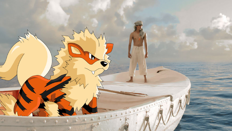 Pokemon character Arcanine in a classic movie scene with a person on a lifeboat at sea.
