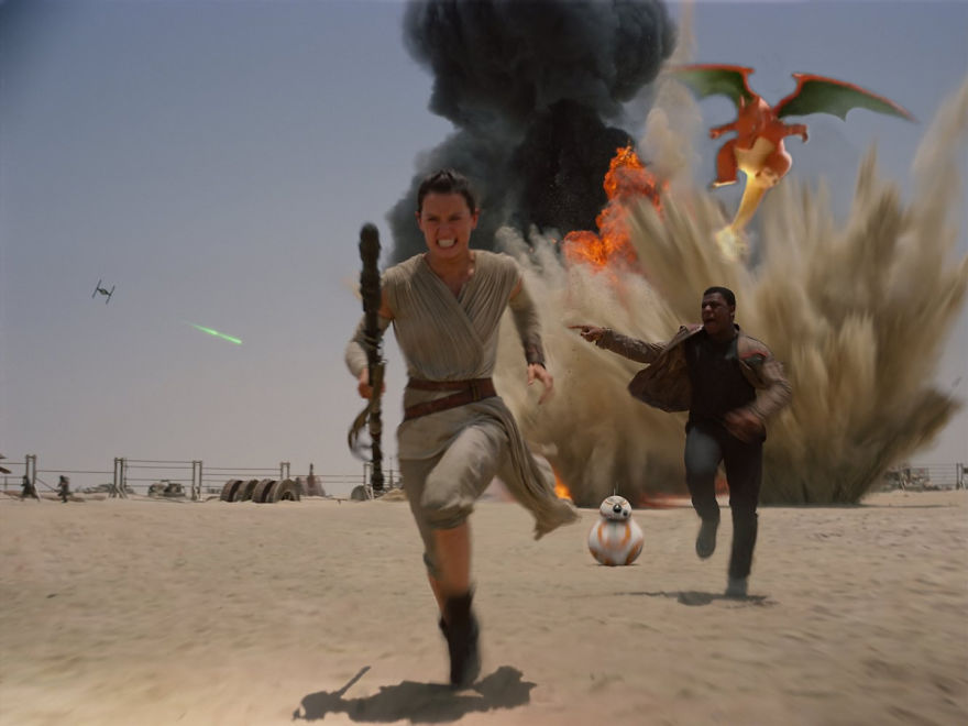 Pokemon character Charizard in a dramatic classic movie scene explosion, enhancing action-packed visuals.