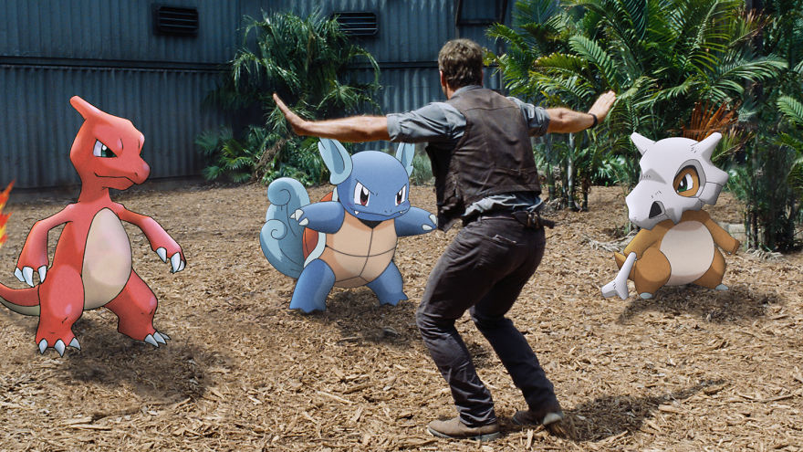 Man interacting with Pokemon characters in a classic movie scene setting outdoors.