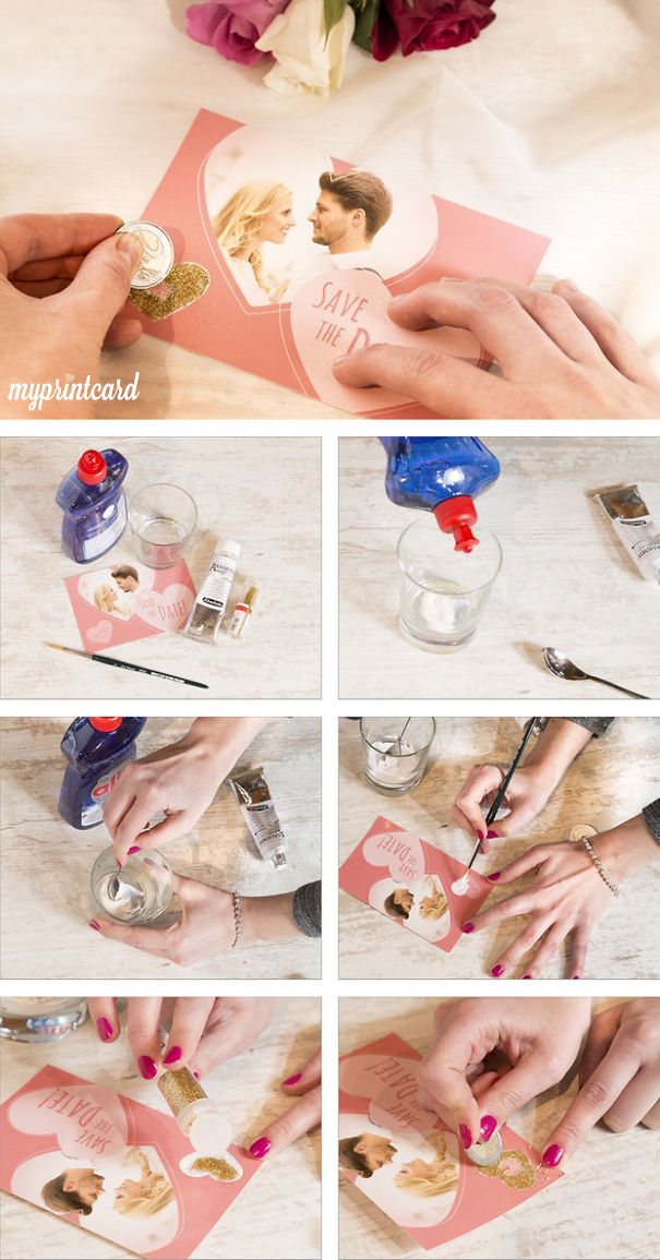 Hands creating creative wedding invitations with paint, glitter, and personalized photo on a pink card design.