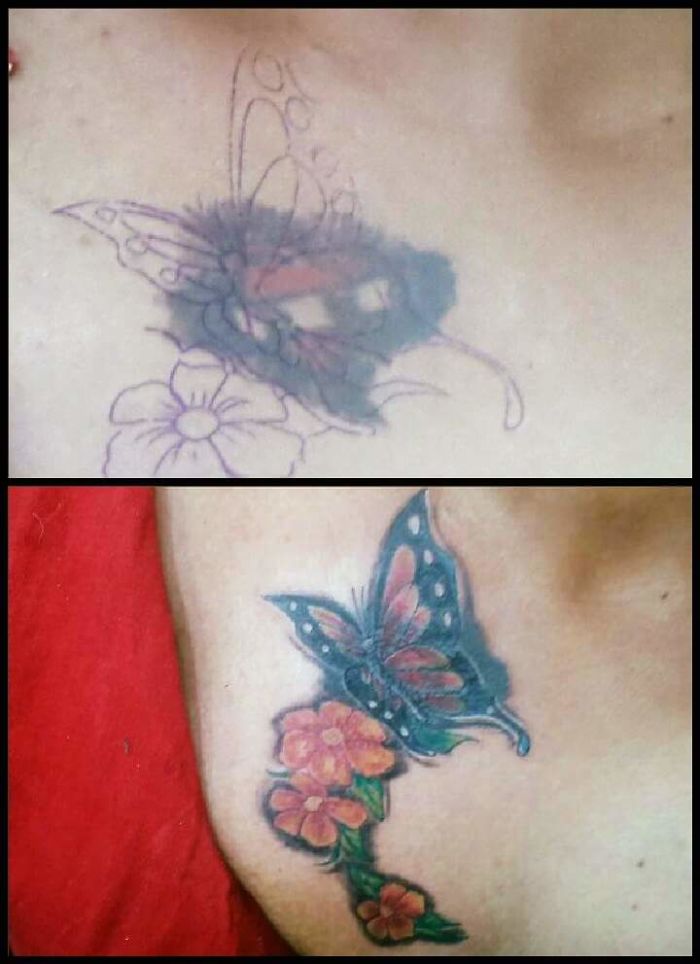 Butterfly cover-up tattoo transforming an old design with vibrant colors and floral details.
