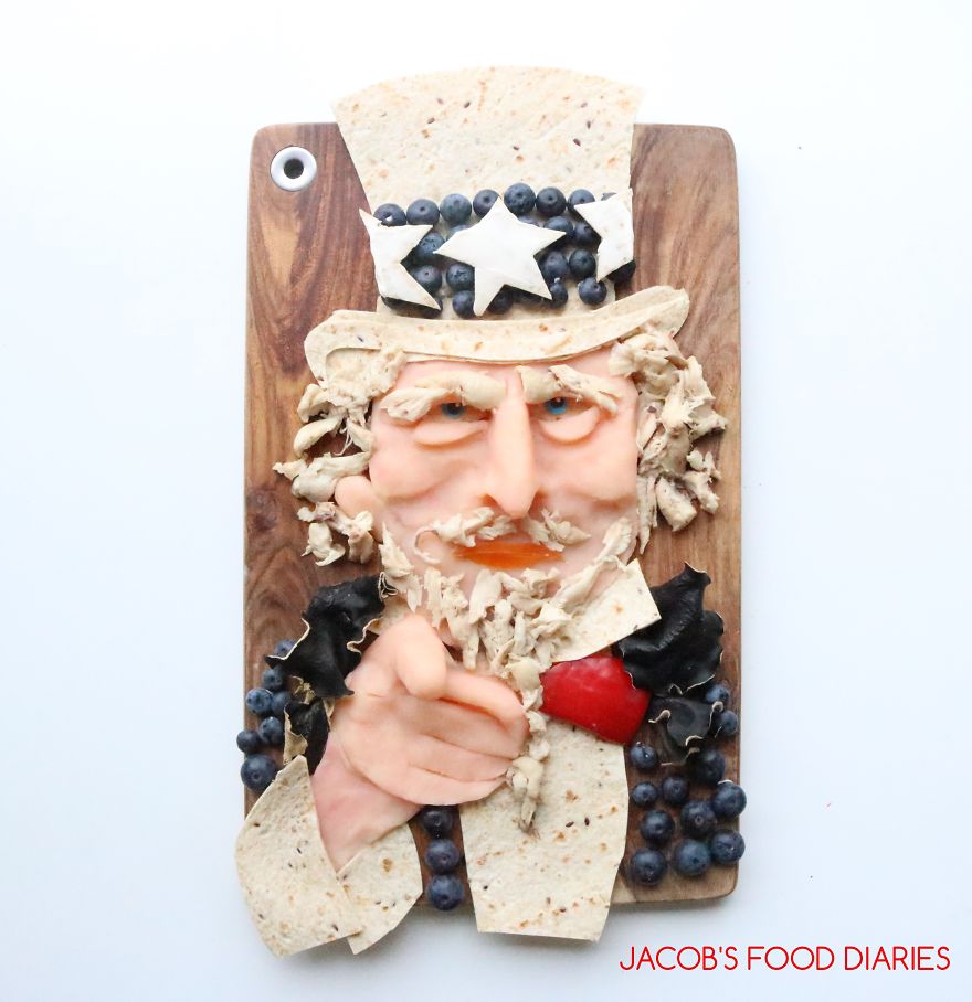 Uncle Sam. Free Range Chicken With Mash Potato, Wholemeal Wrap, Black Fungus, Red Pepper And Blueberries