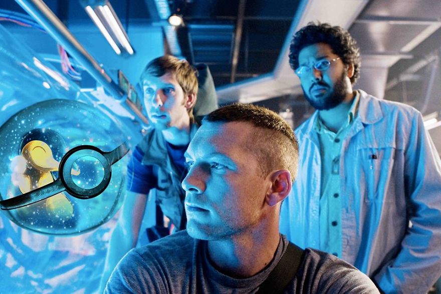 Three men intensely observe a floating Pokémon in a lab setting, blending classic movie and Pokémon characters.