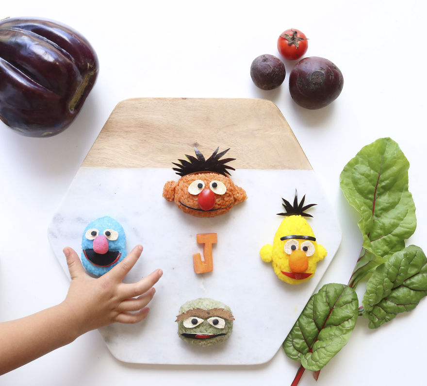 Ernie, Bert, Oscar The Grouch & Grover. Sticky Rice Balls Stuffed With Shredded Lamb, Peas, Spinach And Carrots