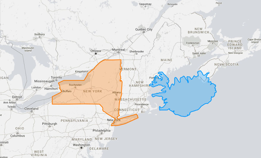 Comparison map showing the true size of New York in orange and Iceland in blue.