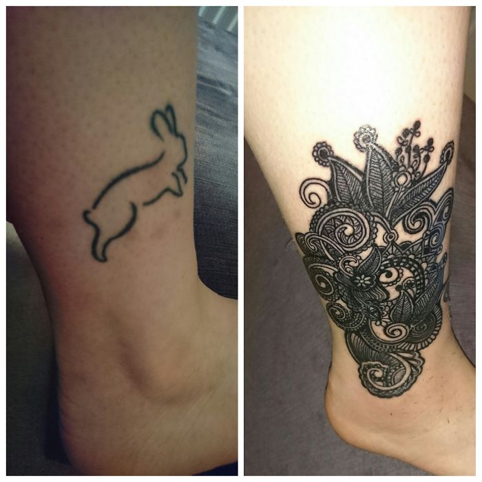 Cover-up tattoo idea transforming a simple rabbit into an intricate floral design on the ankle.