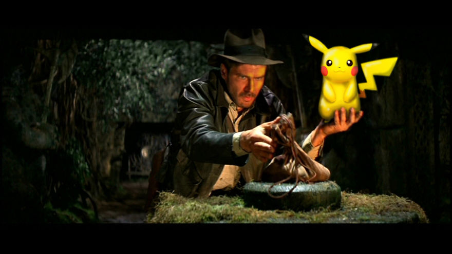 Indiana Jones with Pikachu in a classic movie scene, adding a Pokemon twist.