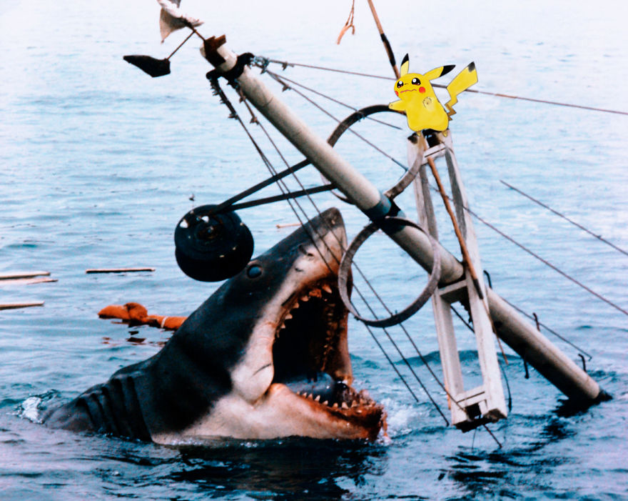 Pikachu on a sinking ship's mast with a shark's open mouth below, blending Pokémon into a classic movie scene.