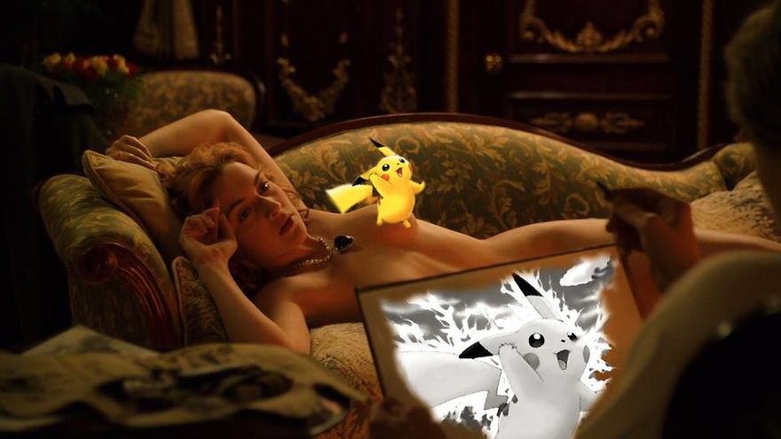 Pikachu featured in a classic movie scene, lying on a couch, being sketched.