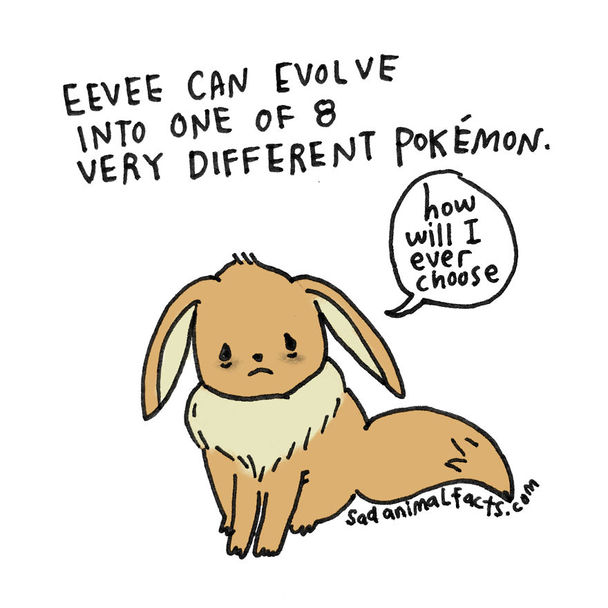 Sad Eevee pondering its evolution choices, illustrating a depressing secret about favorite Pokemon.
