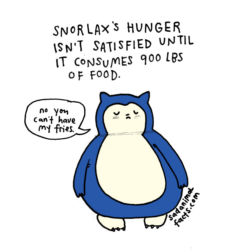 Snorlax illustration with text about its hunger requiring 900 lbs of food; Snorlax saying, "No, you can't have my fries."