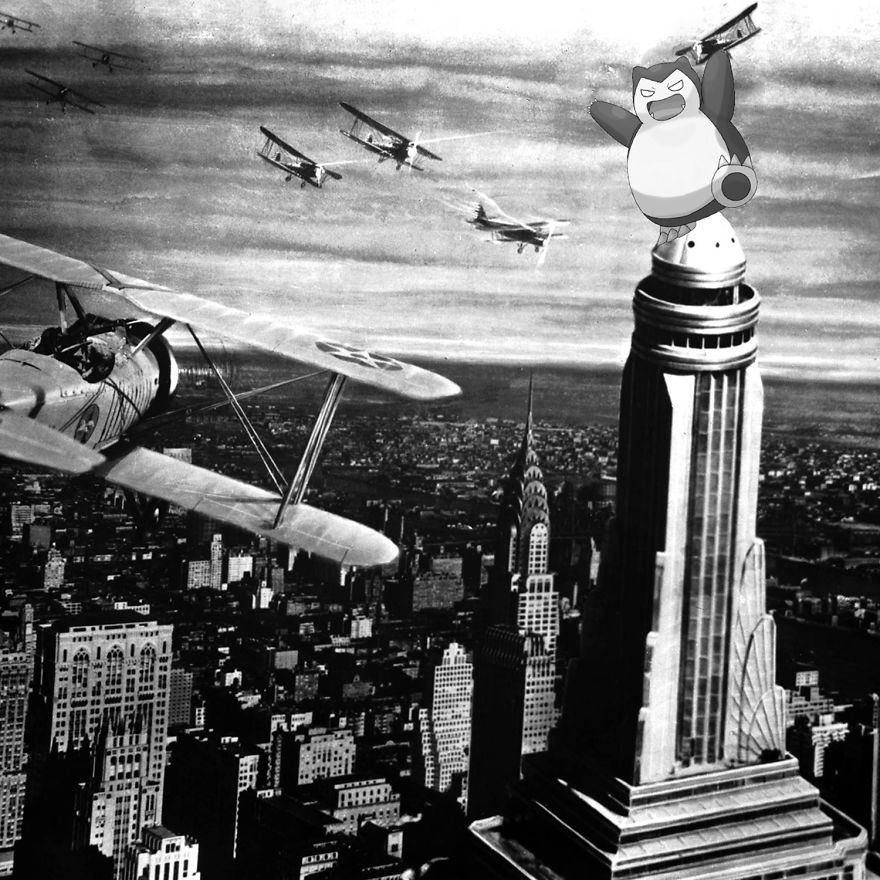 Snorlax atop a skyscraper in a classic movie scene with vintage planes flying around.