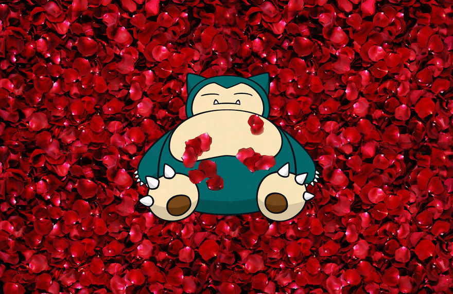 Snorlax among red petals, creating a whimsical blend of Pokémon and classic movie scenes.