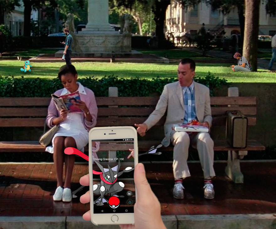 Pokemon characters in a classic movie scene with Greninja, Totodile, and a phone showing a Pokémon capture.