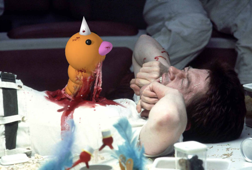 Pokemon character invades a classic movie scene, surprising a man in distress, with vibrant colors and dramatic setting.