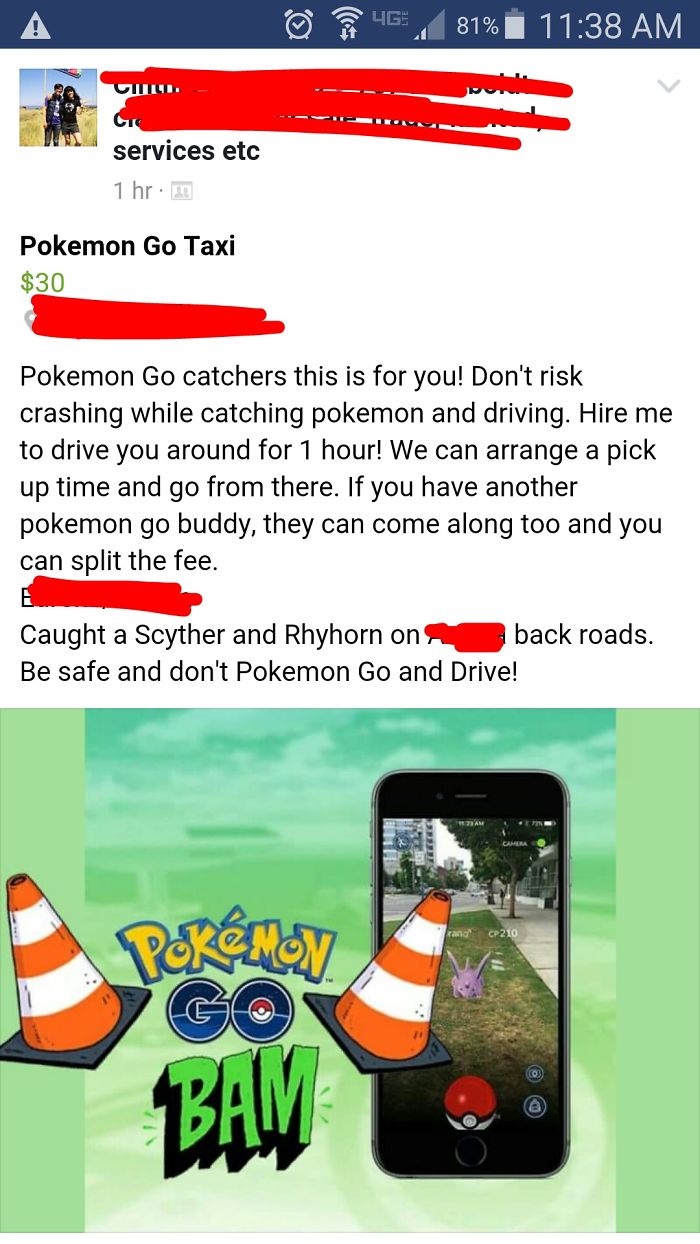 "Pokemon Go Taxi service ad offering safe rides for players to catch Pokemon without driving."