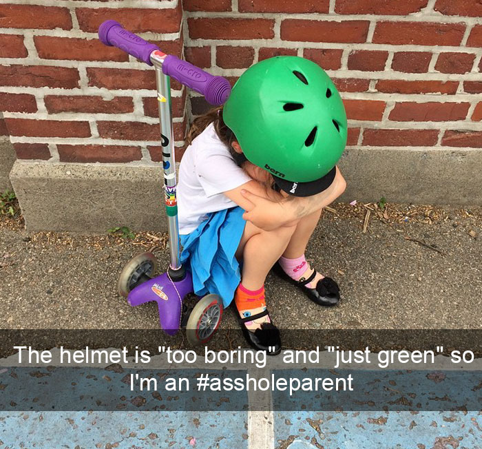 I Brought Her Scooter From The Car To School Pickup So She Wouldn't Have To Walk One Block, But The Helmet Is "Too Boring" And "Just Green" So I'm An #assholeparent