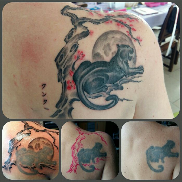 Creative cover-up tattoo of a panther under a tree, showing transformation from a faded design to a vibrant new artwork.