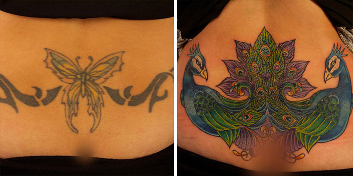 Creative cover-up tattoo transforming a butterfly into vibrant peacocks.