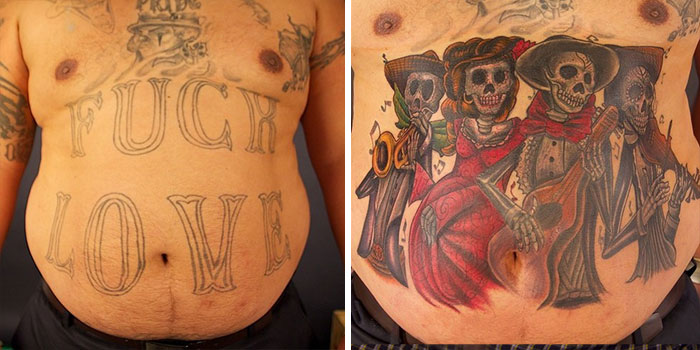 Before and after cover-up tattoo showing creative transformation from text to colorful skeleton band design.