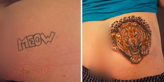 Cover-up tattoo idea transforming "MEOW" into a vibrant leopard design on skin.