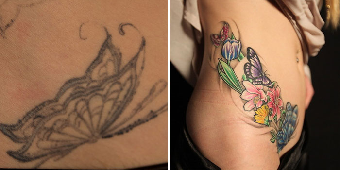 Cover-up tattoo idea transforming a faded butterfly into vibrant flowers and butterflies.
