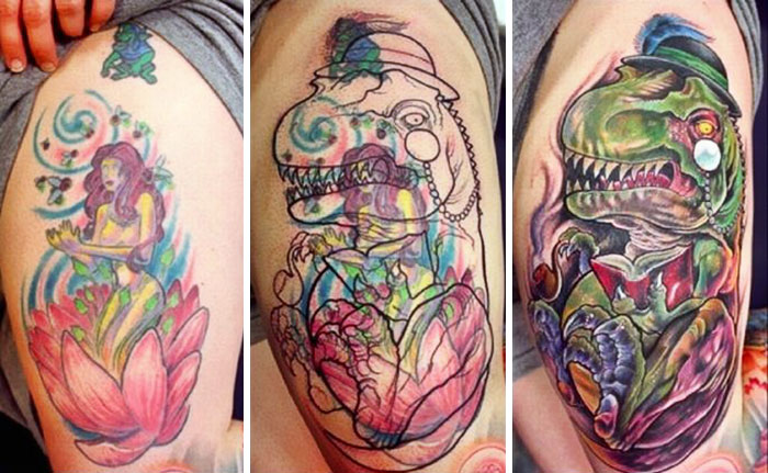Creative cover-up tattoo of a dinosaur in a suit, transforming a previous colorful tattoo design.