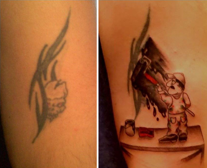 Creative cover-up tattoo showing painter transforming a thumb design into a scene with black paint.