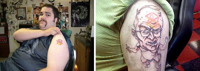 Man with creative cover-up tattoo on arm, featuring a cartoonish design.