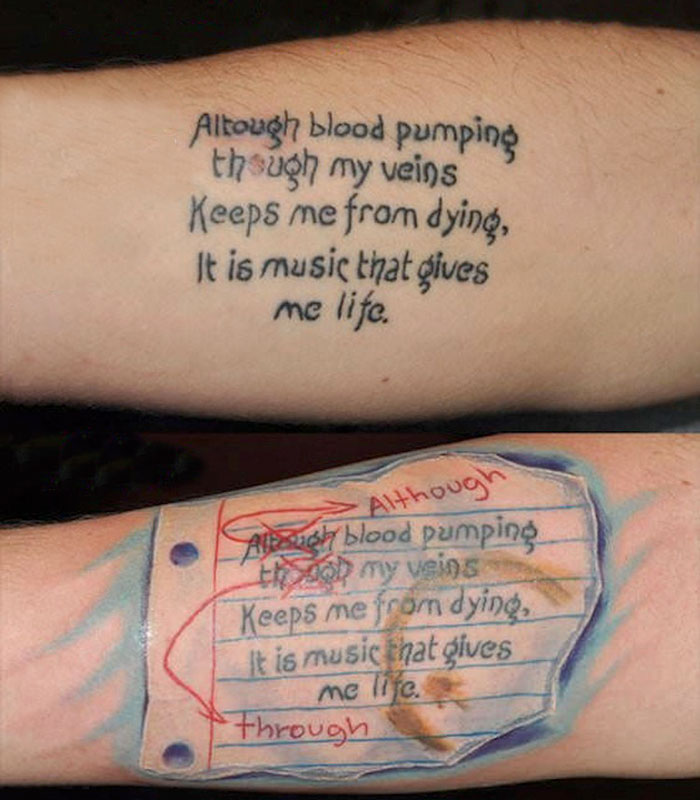 Creative cover-up tattoo transforming a misspelled text into a paper note with corrections.
