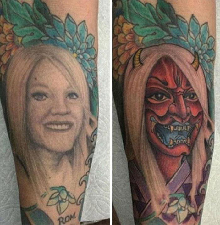 Creative cover-up tattoo transforming smiling woman into a red demon with floral background.