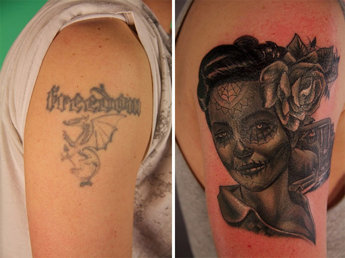 Cover-up tattoo transformation: a dragon text design to an intricate Day of the Dead themed tattoo.
