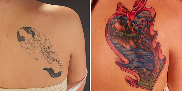 Cover-up tattoo transforming an abstract design into a vibrant heart-shaped landscape with mountains and a river.