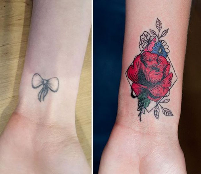 Cover-up tattoo transforming a bow into a colorful floral design on a wrist.