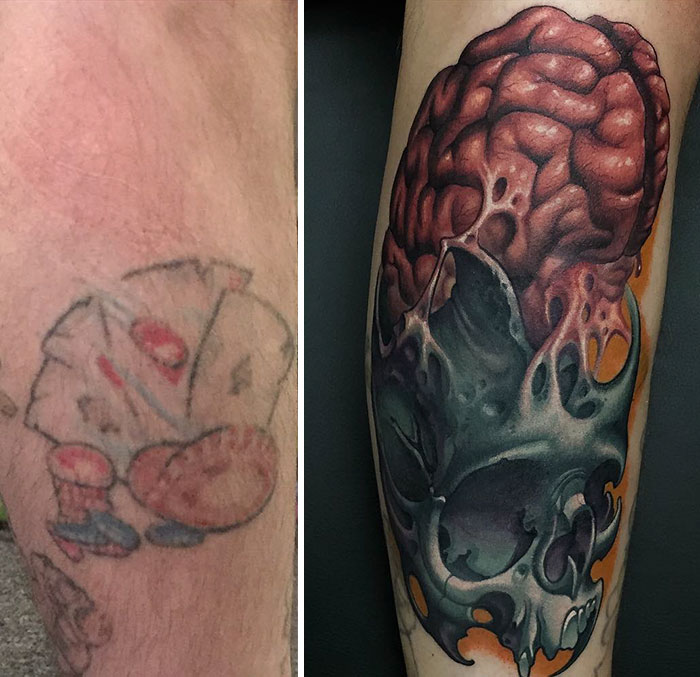 Cover-up tattoo showing transformation from faded design to vibrant skull and brain artwork.