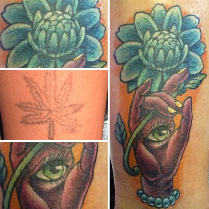 Creative cover-up tattoo transforming a leaf into a vibrant flower and hand design.