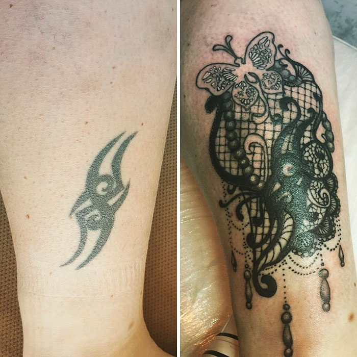 Creative cover-up tattoo transforming a tribal design into an intricate butterfly and lace pattern.