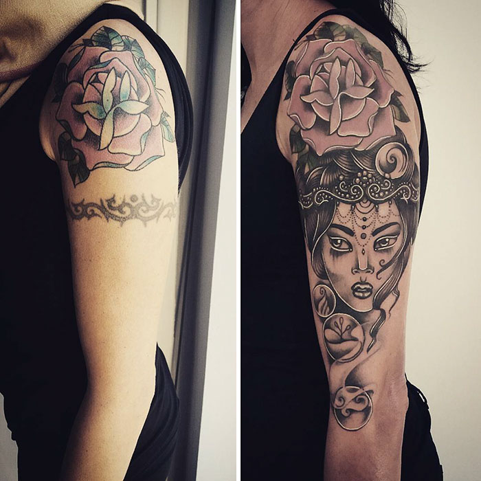 Creative cover-up tattoo featuring a transformed floral design and a mysterious face on the arm.