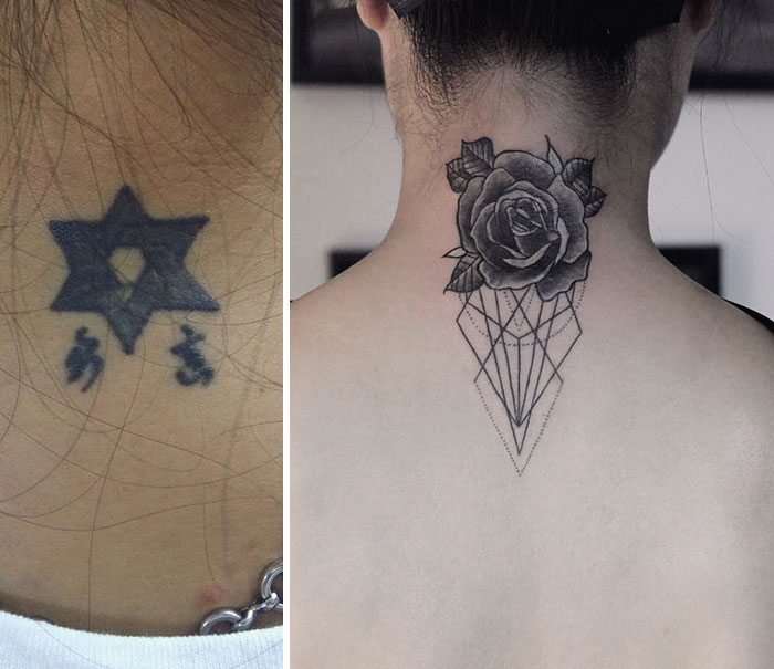 Creative cover-up tattoo transforming a star and symbols into a rose with geometric design on the nape.