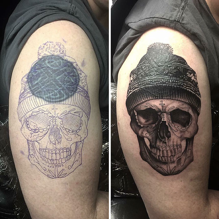 Creative cover-up tattoo of a skull with a hat, showing a before and after transformation on an arm.