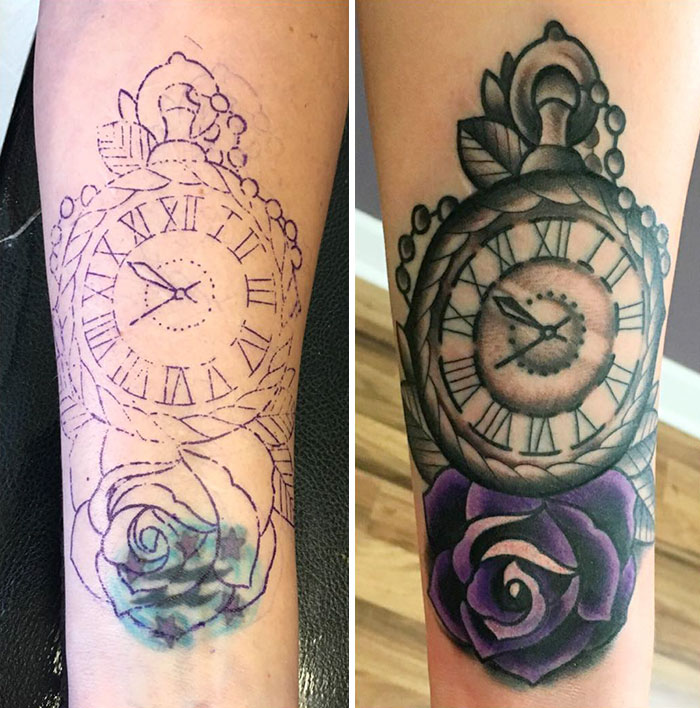 Creative cover-up tattoo with a detailed clock and vibrant purple rose on forearm.