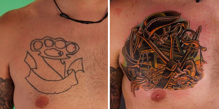 Cover-up tattoo idea transforming a simple design into a detailed pirate-themed artwork on the chest.