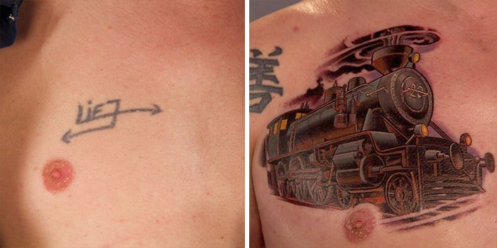 Cover-up tattoo idea transforming old lettering into a detailed steam train design on the chest.