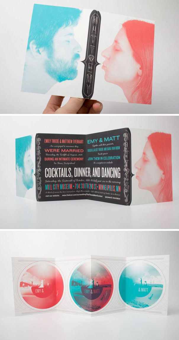 Creative wedding invitations featuring colorful double-exposure portraits and unique typography for a modern celebration.