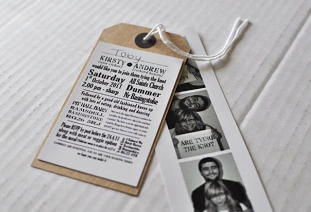 Creative wedding invitation with vintage tag design and black-and-white photo strip featuring a couple announcing their wedding day.