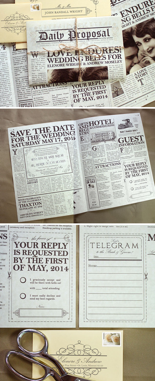 Vintage newspaper-style creative wedding invitations with detailed text and decorative elements for unique wedding design ideas